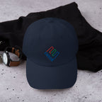 Navy color dad hat with Enron logo embroidery. Financial humor cap with adjustable strap