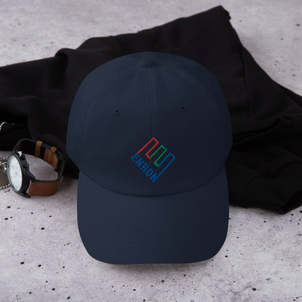 Navy color dad hat with Enron logo embroidery. Financial humor cap with adjustable strap
