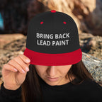 High quality red embroidery on 'Bring Back Lead Paint' snapback. Flat visor view