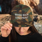 High quality green-camo embroidery on 'Bring Back Lead Paint' snapback. Flat visor view