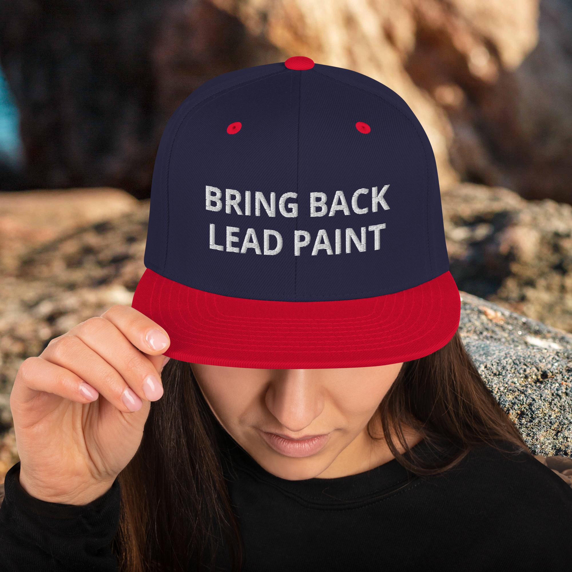 High quality navy-red embroidery on 'Bring Back Lead Paint' snapback. Flat visor view