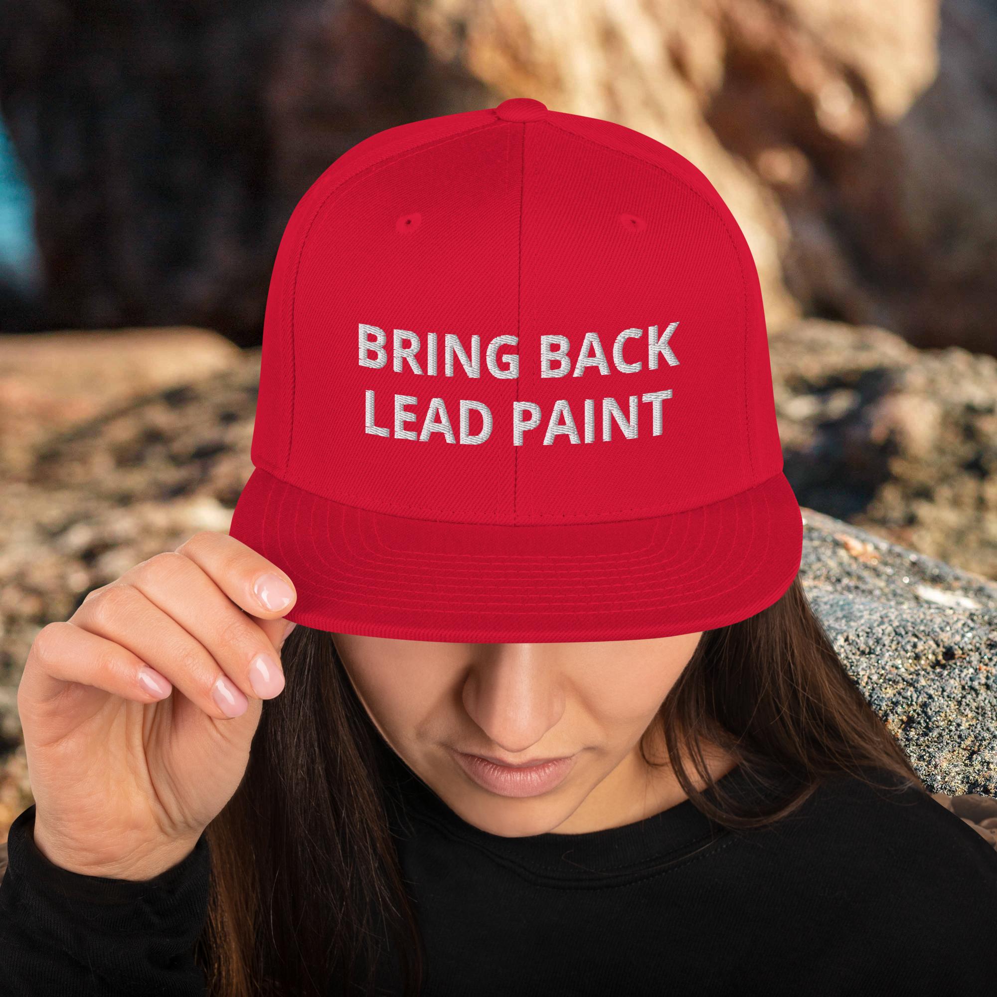 High quality red embroidery on 'Bring Back Lead Paint' snapback. Flat visor view