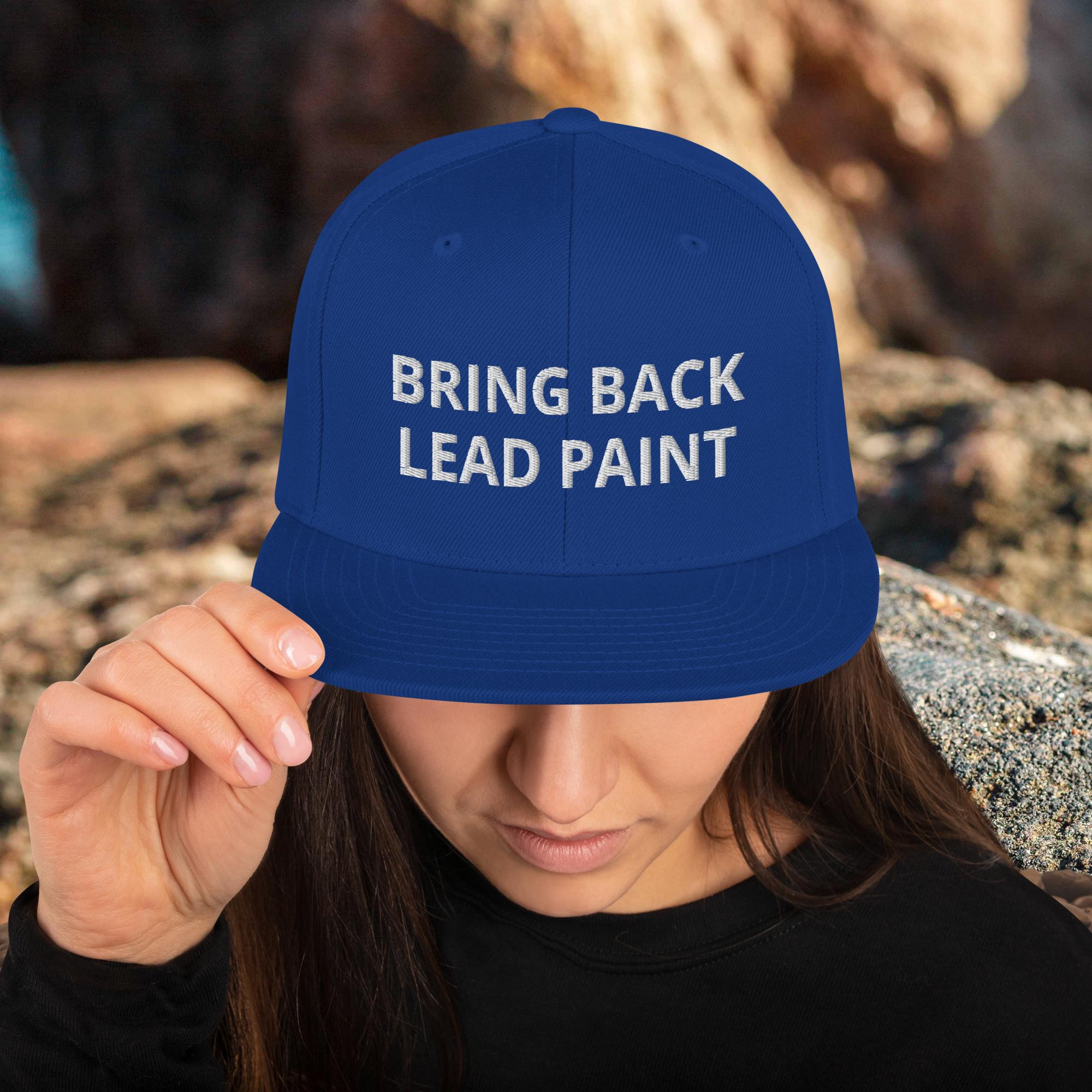 High quality royal-blue embroidery on 'Bring Back Lead Paint' snapback. Flat visor view