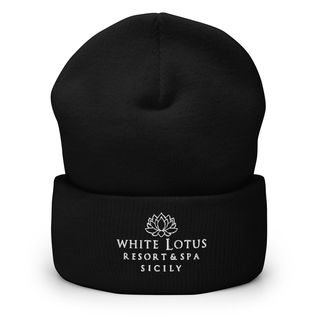 Black White Lotus Resort & Spa Sicily embroidered beanie hat front view unisex winter cap