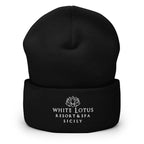Black White Lotus Resort & Spa Sicily embroidered beanie hat front view unisex winter cap