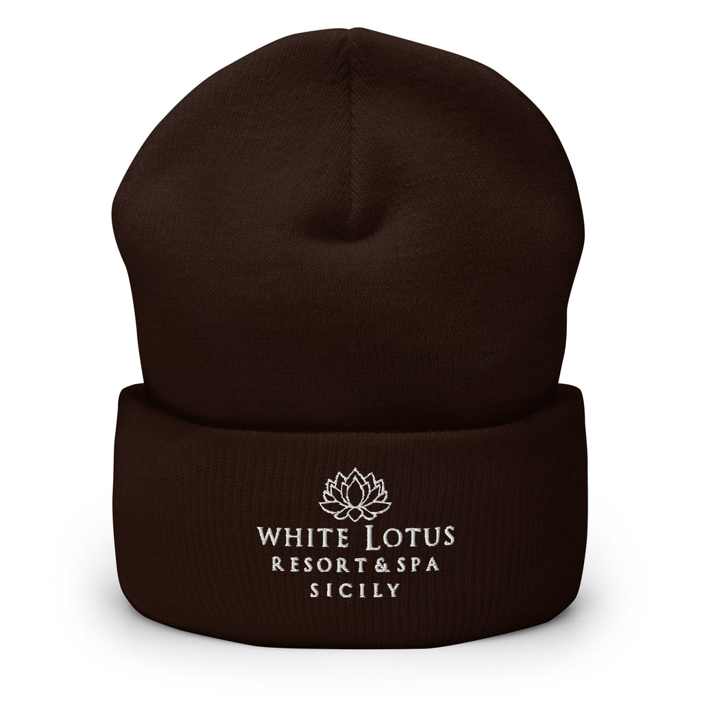 brown White Lotus Resort & Spa Sicily embroidered beanie hat front view unisex winter cap