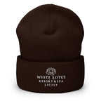 brown White Lotus Resort & Spa Sicily embroidered beanie hat front view unisex winter cap