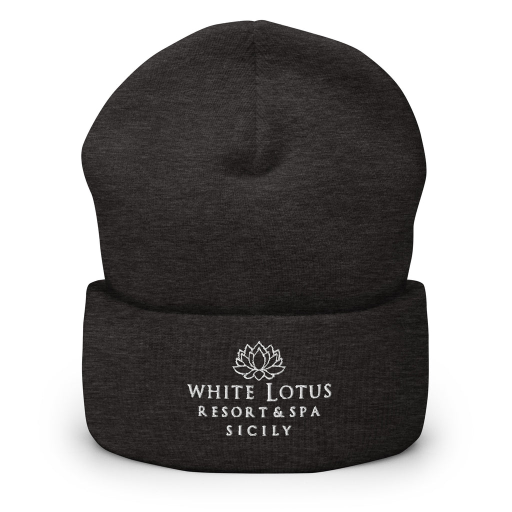 Dark Grey White Lotus Resort & Spa Sicily embroidered beanie hat front view unisex winter cap