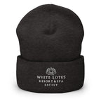 Dark Grey White Lotus Resort & Spa Sicily embroidered beanie hat front view unisex winter cap