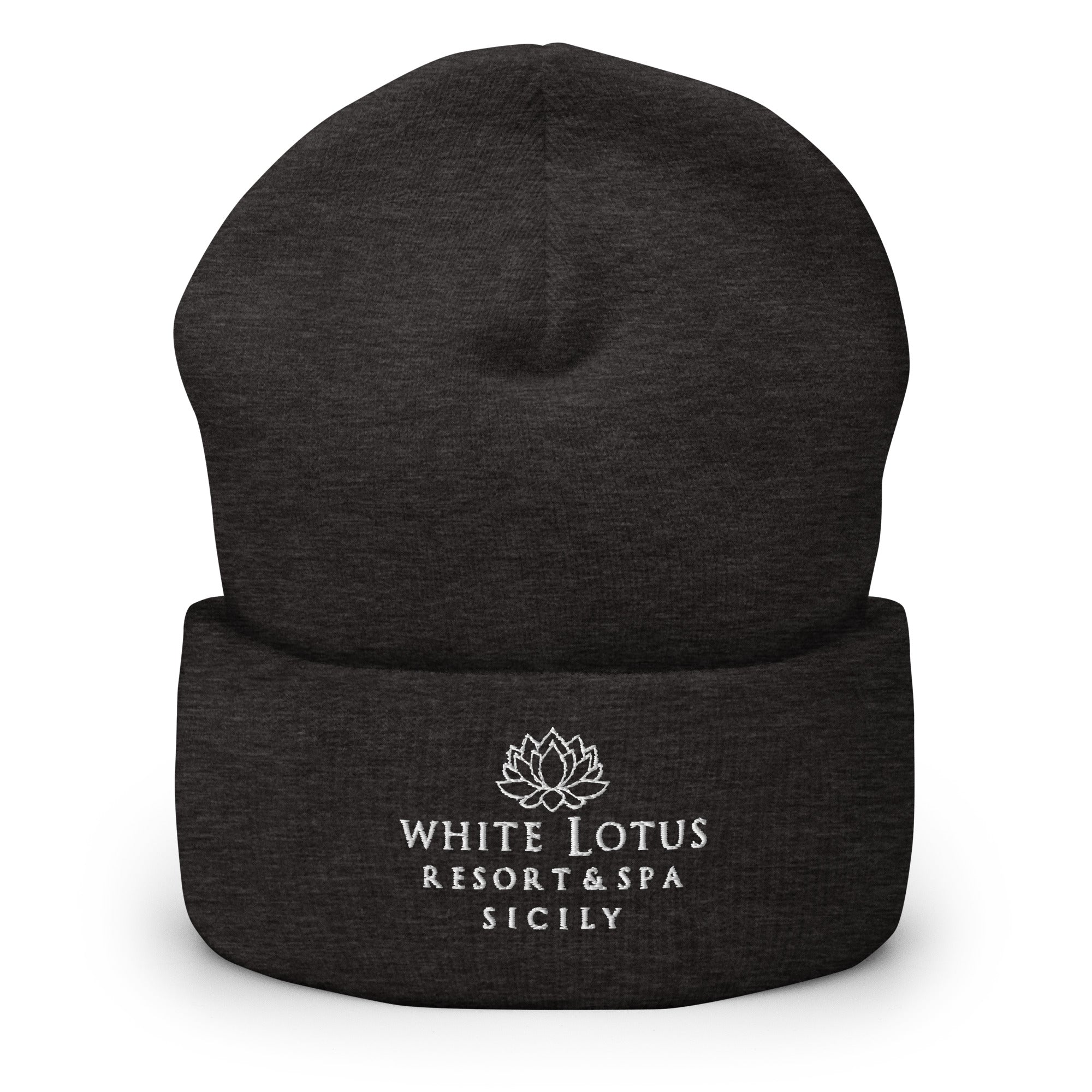 Dark Grey White Lotus Resort & Spa Sicily embroidered beanie hat front view unisex winter cap