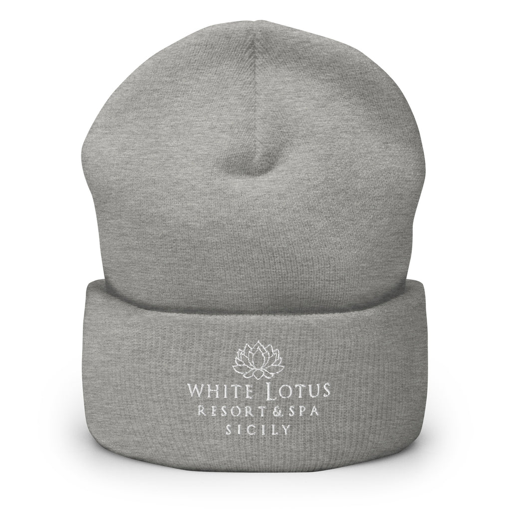 Grey White Lotus Resort & Spa Sicily embroidered beanie hat front view unisex winter cap