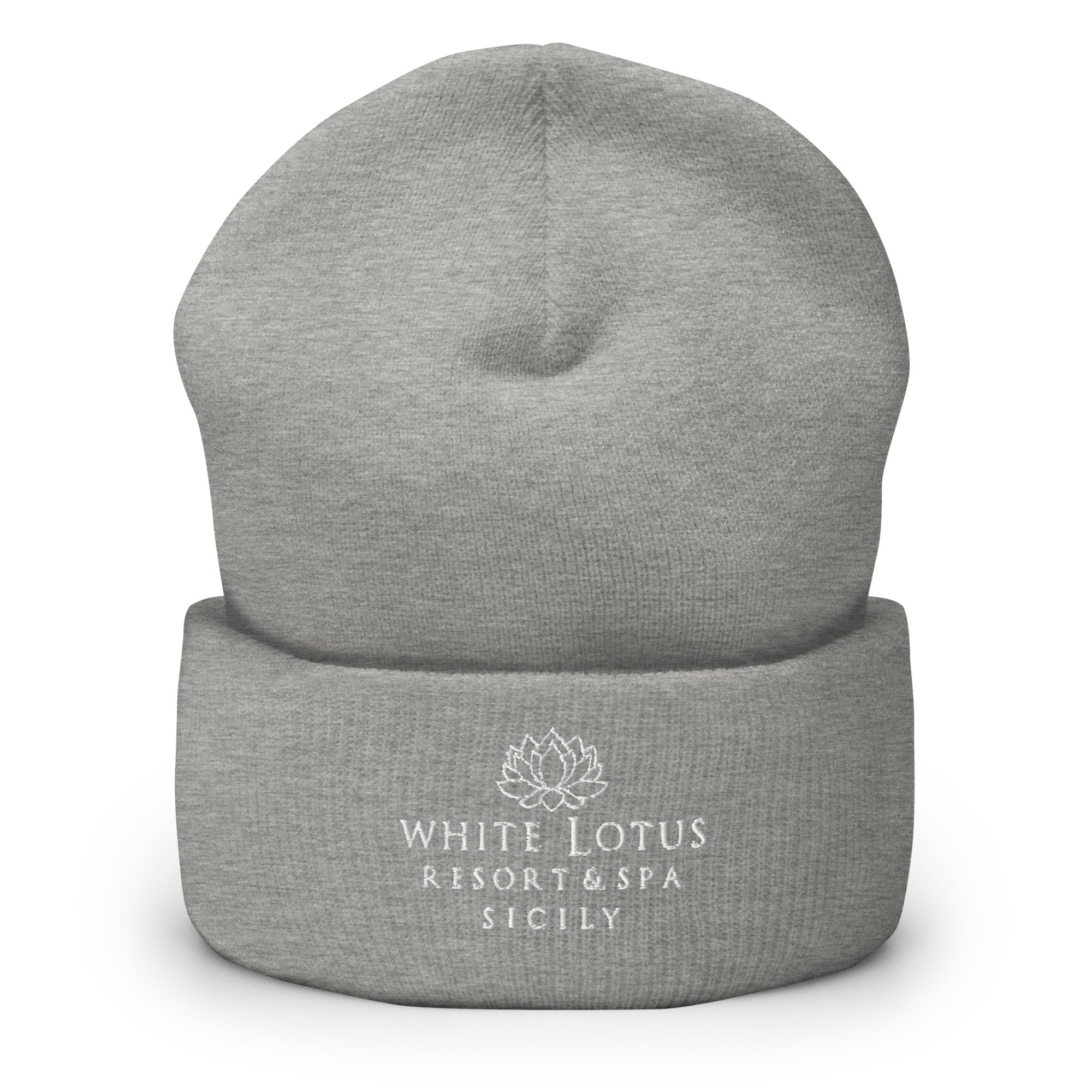 Grey White Lotus Resort & Spa Sicily embroidered beanie hat front view unisex winter cap