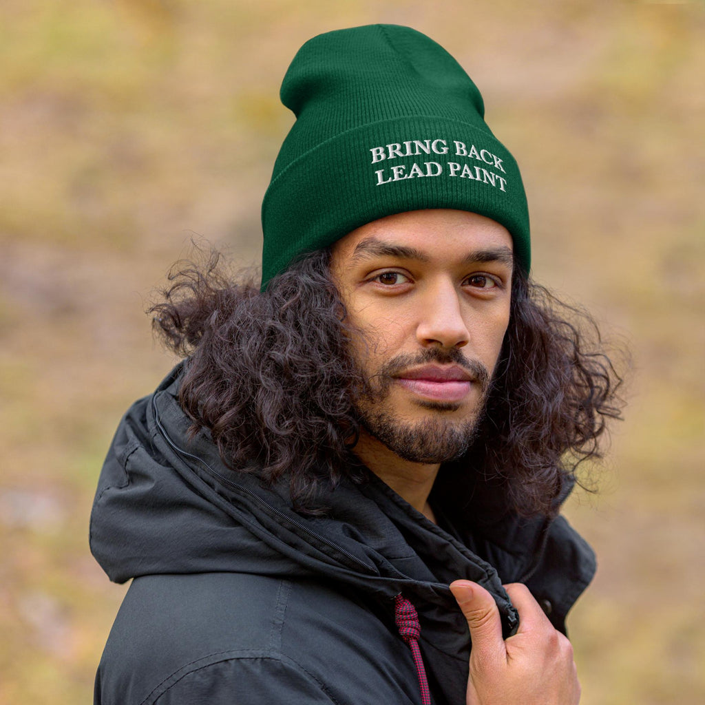 Spruce beanie with Bring Back Lead Paint embroidered text 